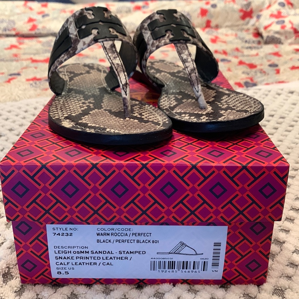 Tory Burch Leigh Snake Printed Leather Sandal with Box & Shoe Bag